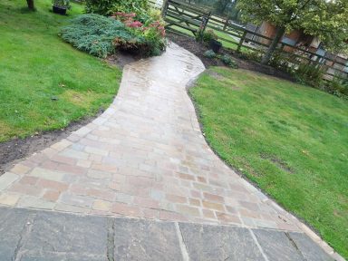 Winding, path made of stone through a garden with green grass and plants.