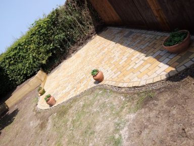 Paved garden area with four potted plants and green hedges in the background.